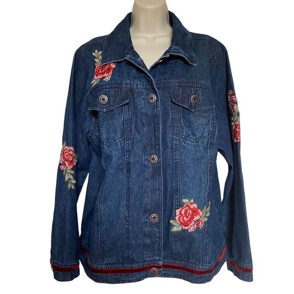 Vintage Serengeti Floral Embroidered Front & Sleeves Velvet Trim Denim Jacket XL - Picture 1 of 16